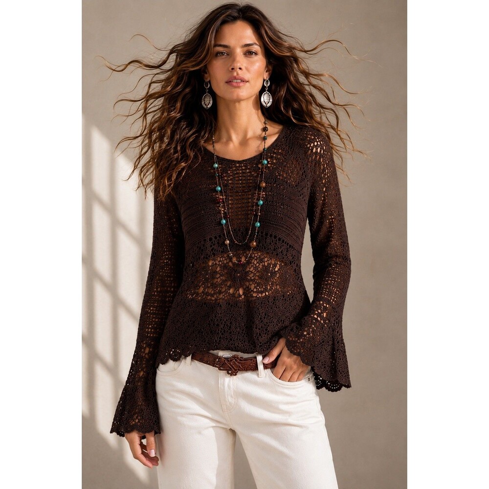 BCBGMAXAZRIA Brown Rayon Crochet Knit Scoop Neck Bell Sleeve Blouse Womenâs M